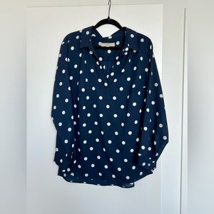 LOFT Plus Navy Long Sleeve Dotted Blouse